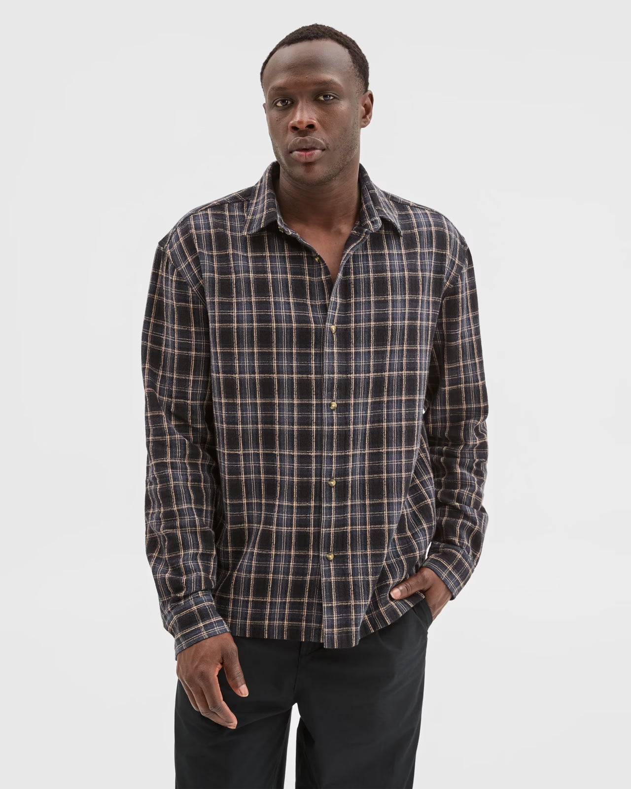 TRENDY SHIRTS #7766 Cotton Boxy Fit Long Sleeve Textured Shirt - Grey Large Check